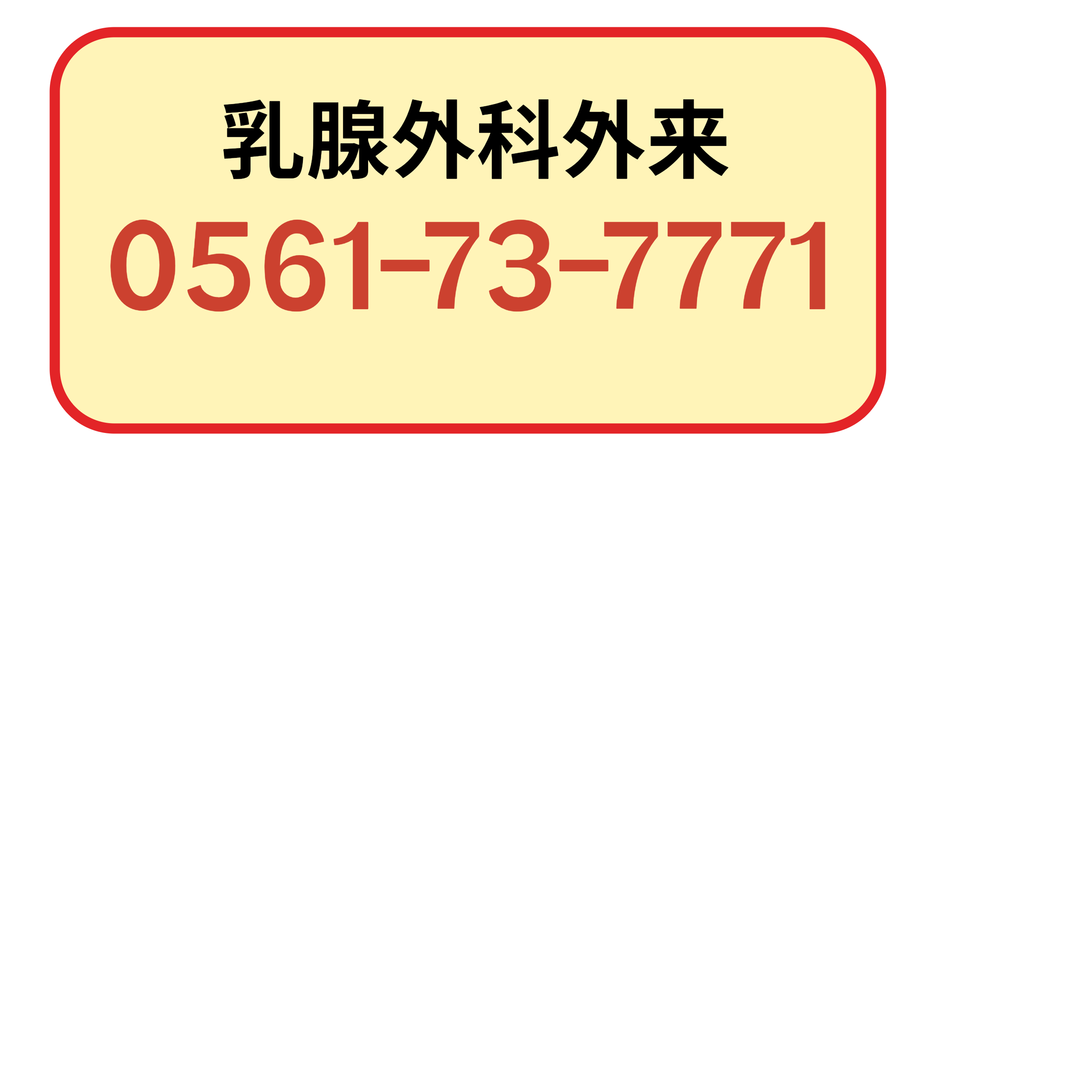 乳腺外科外来　月曜から金曜の9時から13時まで、土曜の9時から11時まで。日祝対応不可。0561-73-7771